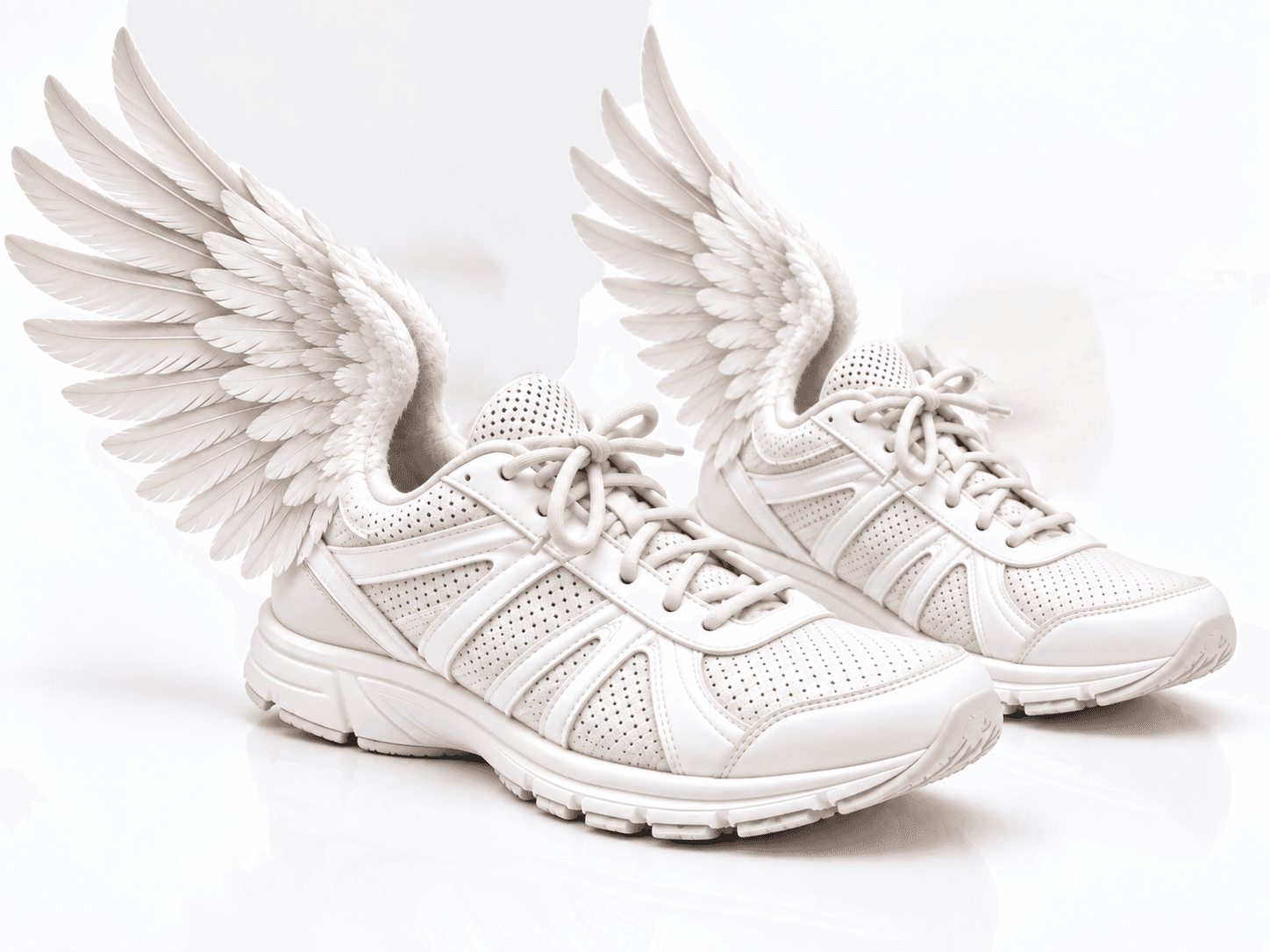 A pair of white running shoes with luminous feathered wings.